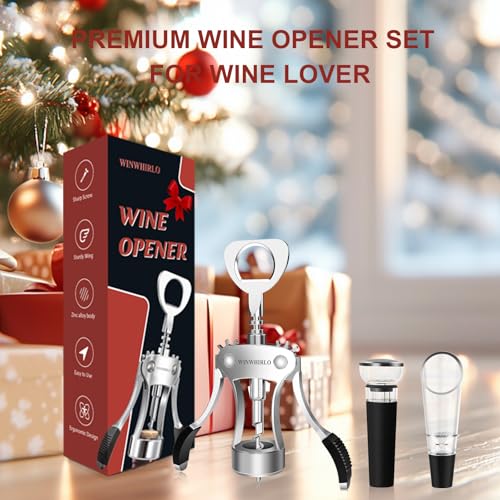 WINWHIRLO 4-in-1 Wine Bottle Opener Gift Set with Corkscrew, Vacuum Stopper & Pourer