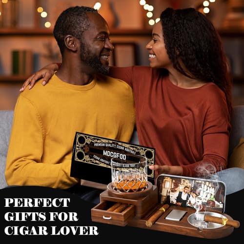 Acacia Wood Cigar Ashtray and Whiskey Glass Tray with Storage Drawer