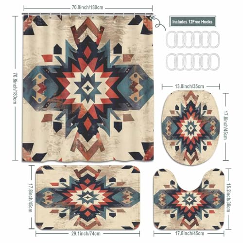 Southwestern 4-Piece Bathroom Set with Shower Curtain & Bath Rugs