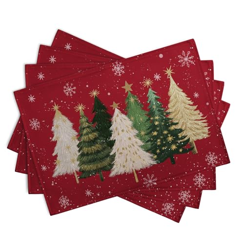 Wnoesat Red Christmas Tree Placemat Set of 4, 12x18 Inch Linen Holiday Decor