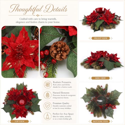 Faux Poinsettia & Berry Christmas Centerpieces Set with Glass Candle Holders, 17.5"