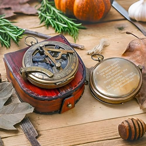 Personalized Solid Brass Sundial Compass with Engraved Leather Pouch