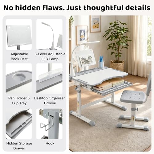 Height-Adjustable Kids Desk and Chair Set with LED Light and Storage