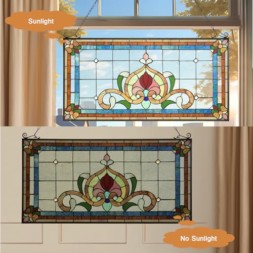 Handmade Tiffany Stained Glass Window Panel - 32x17 Inches