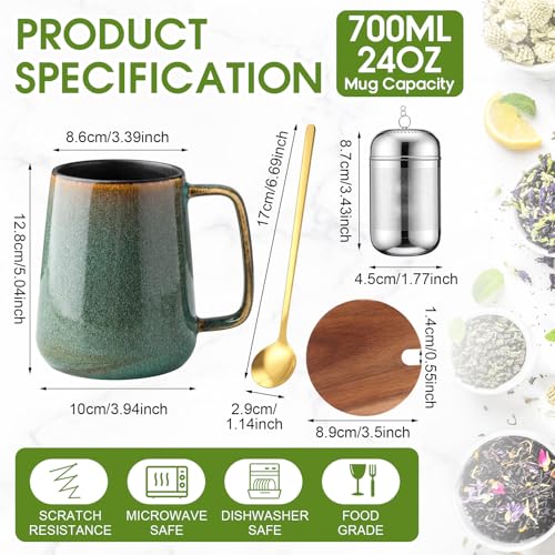 Green 24oz Ceramic Tea Mug with Infuser, Lid & Spoon – Large Coffee Cup for Tea Lovers