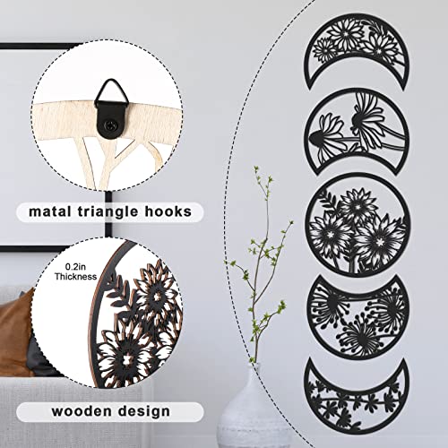 5-Piece Moon Phase Wall Art Set, Wooden Boho Hanging Decor for Bedroom