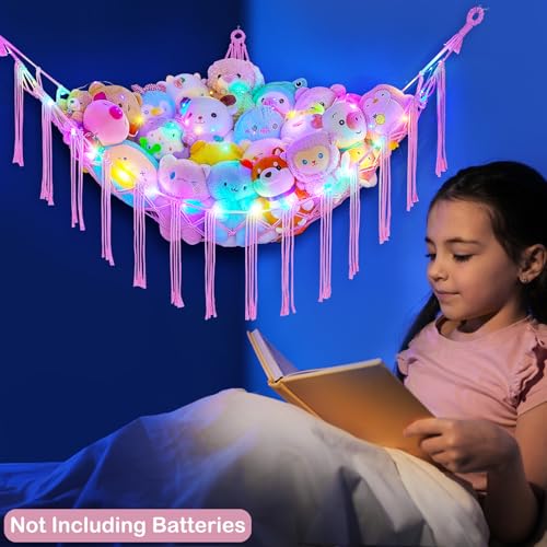 Stuffed Animal Hammock with LED Lights, Large Corner Toy Storage Net
