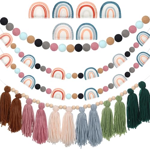 4-Piece Boho Tassel and Pom Pom Garland Set - Sage Green Wall Hanging Decor