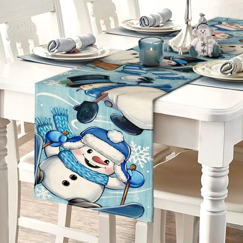 Croar Winter Skiing Snowman Blue Table Runner 13 x 72 in - Christmas Snowflake Decoration