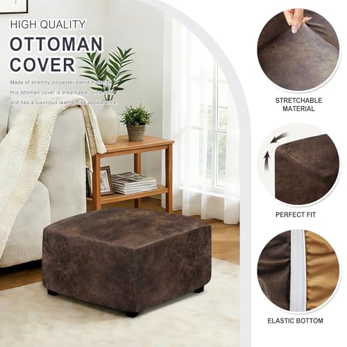 Leather Ottoman Cover - Stretch Slipcover for Square & Rectangular Ottomans, Medium Size with Non-Slip Bottom