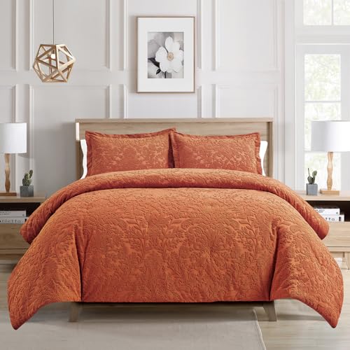 Velvet Jacquard Comforter Set 3-Piece Queen Bedding with Shams - Terracotta