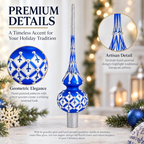 Silver Diamonds on Blue Glass Christmas Tree Topper 11 Inches – Hand-Painted