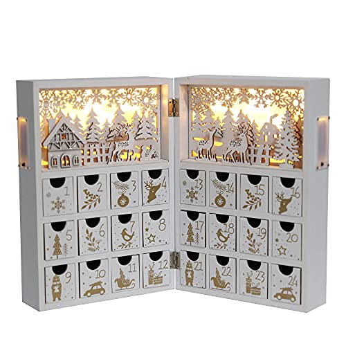 Pioneer-Effort Wooden Advent Calendar with LEDs, White & Gold – 24-Drawer Countdown Decor