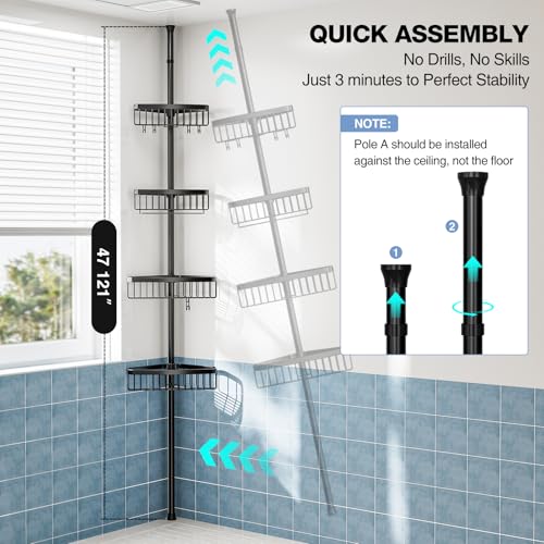 Adjustable Tension Pole Corner Shower Caddy 4-Tier Rustproof Organizer