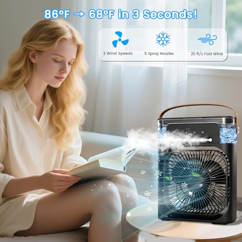 Portable Mini Evaporative Air Cooler with 5 Spray Nozzles and LED Light
