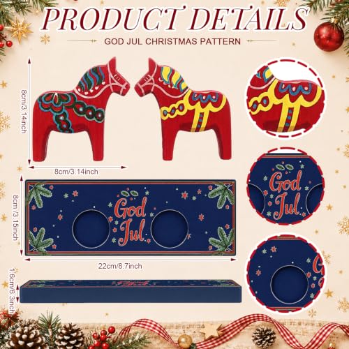 Dala Horse Christmas Decor Set with LED Candles - 2 Pc Swedish Wooden Ornaments
