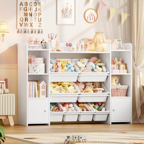 Kids Toy Storage Organizer with 8 Bins, Bookshelf and Cabinet, White