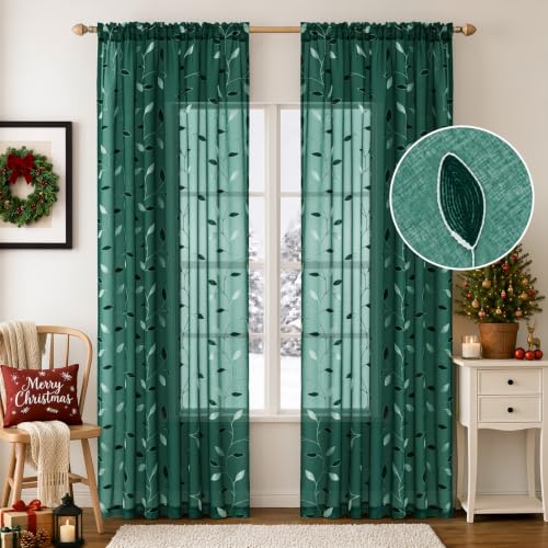 MIULEE Hunter Green Leaf Pattern Sheer Curtains 52x84 in | Set of 2