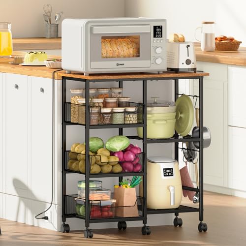 Rolling Kitchen Microwave Cart with Tilt-Out Baskets & Adjustable Shelves