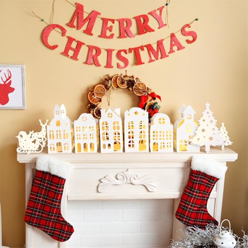 13Pcs Lighted White Christmas Village Houses Set with Trees & Reindeer