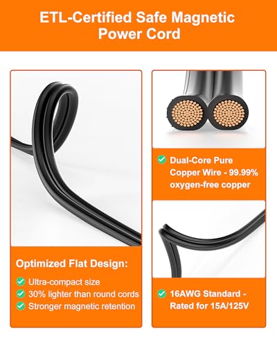 Electric Deep Fryer Magnetic Power Cord Replacement, 3.28ft 16AWG Flat Cable