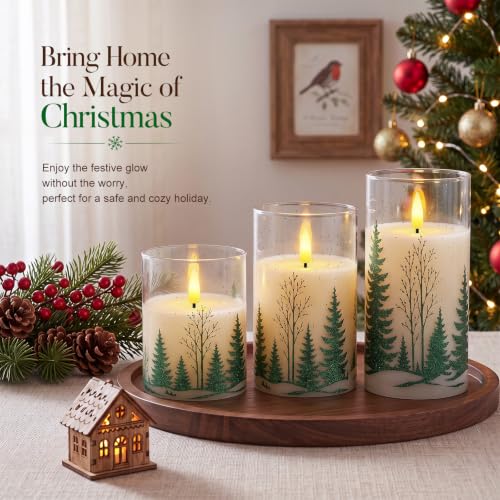 Raycare 3-D Flame Flameless Pillar Candles with Remote (D3 x H4/5/6) Green Tree