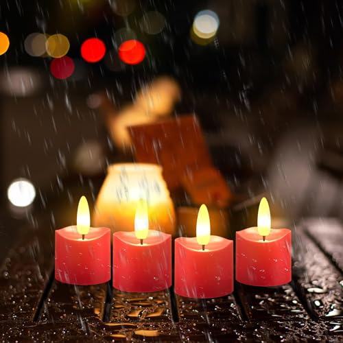HL Rechargeable Waterproof 3D Red Tea Lights - 12pcs Bright LED Flameless Candles with Remote
