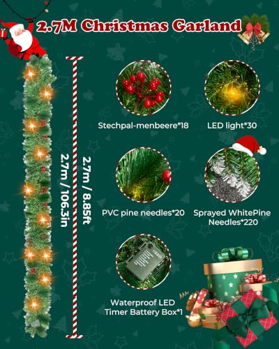 Luxvano 9ft Pre-Lit Flocked Christmas Garland with 30 LED Lights, Red Berries, Battery Operated