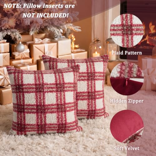 Artmag Christmas Throw Pillow Covers 20x20 Inch Set of 2 Buffalo Plaid Decorative Pillow Covers in White and Red