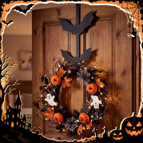 Halloween Bat Wreath Hanger - Over The Door Black Metal Hook (12 Inch)