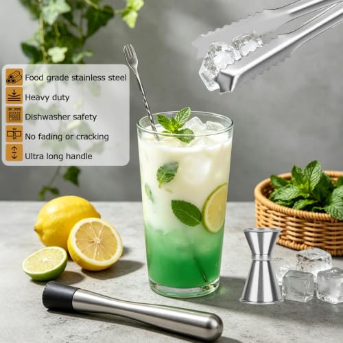 Silver 4-Piece Cocktail Bar Tool Set with Muddler, Jigger, Spoon & Tongs