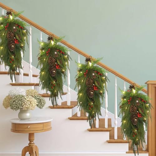 27.6-Inch Pre-Lit Christmas Teardrop Swag with Warm LED Lights & Pinecones