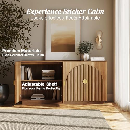 65-Inch Fluted Buffet Cabinet Sideboard Accent Console Table - Caramel Brown