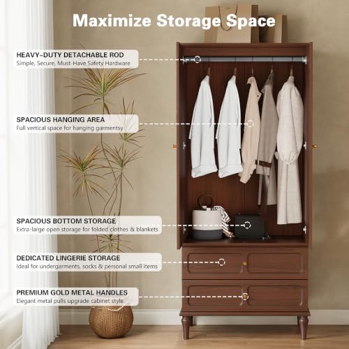 71-Inch Mid-Century Modern Wardrobe Closet with Hanging Rod and Drawers
