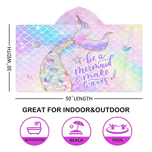 Girls' Mermaid Hooded Beach Towel - Quick-Dry Microfiber Poncho, 30" x 50"