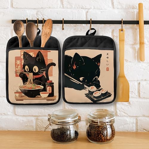 Japanese Cat Print Pot Holders with Pockets - Heat Resistant Cotton Set