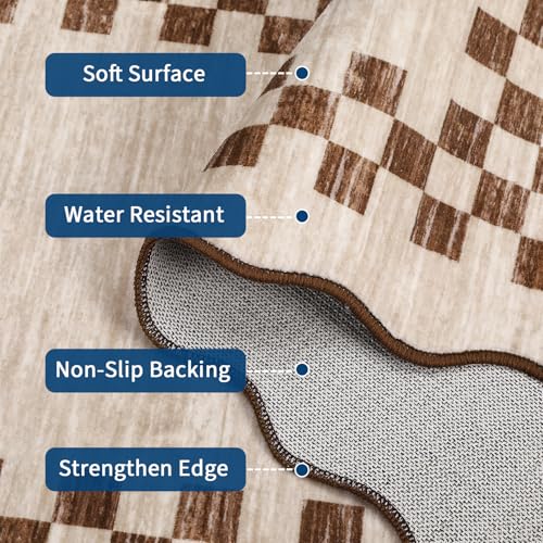 5x7 Scalloped Washable Area Rug - Non-Slip Stain-Resistant Beige Carpet