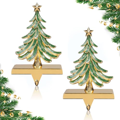 2-Piece Glitter Christmas Tree Stocking Holders for Mantle, Gold & Green