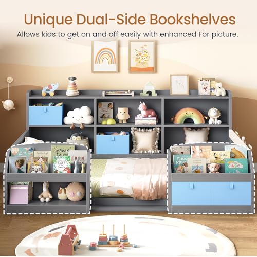 Twin Montessori Floor Bed Frame for Toddlers with Storage Drawers & Bookshelves