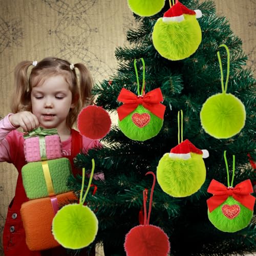 Lime Green Furry Christmas Balls Ornaments with Santa Hat - 6 Pack (Chewarelly) Lime Green Santa Hat – 6