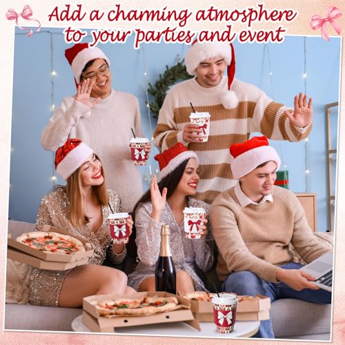 Lallisa 12 oz Red Bow Cherry Christmas Disposable Coffee Cups with Lids (50 Pack)