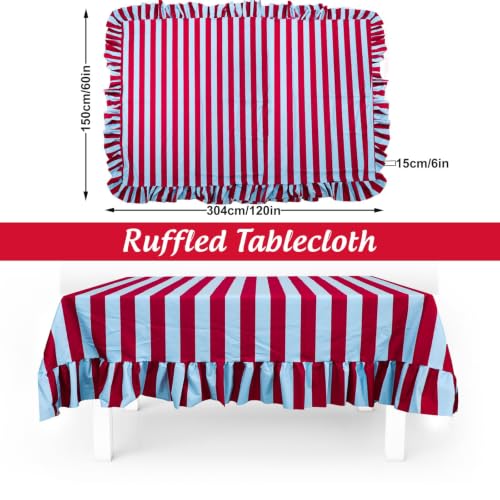 JarThenaAMCS Ruffled Striped Tablecloth 60 x 120 in - Blue Burgundy (Blue Burgundy / 120" x 60")