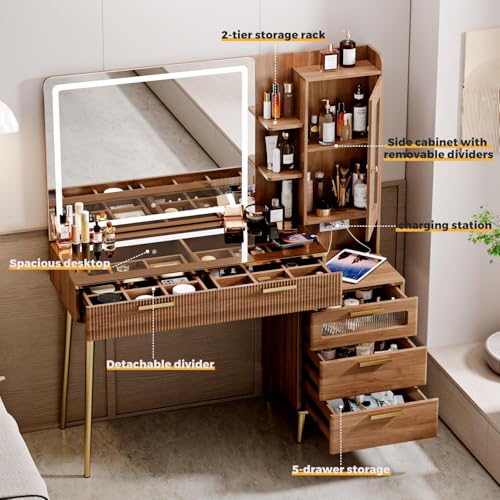 Modern Makeup Vanity Desk with Lighted Mirror, 5 Drawers & Charging Station