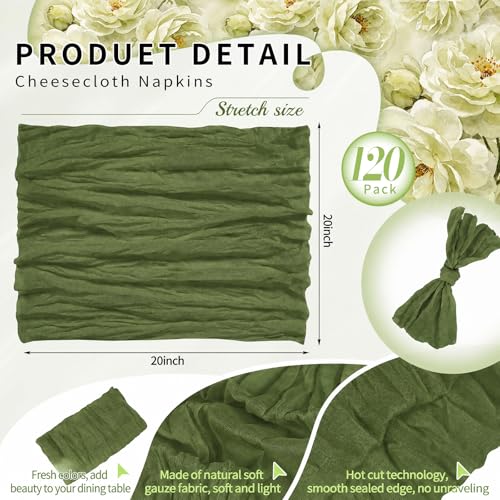 120 Pack Olive Green Cheesecloth Napkins, 20x20 Rustic Gauze Table Napkins