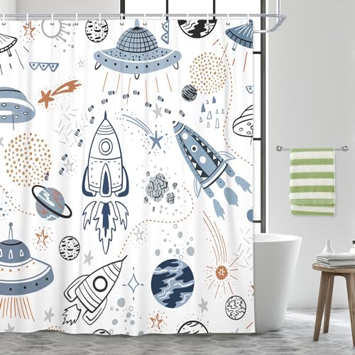 Space Shower Curtain for Kids, Waterproof Galaxy Planet Bathroom Decor
