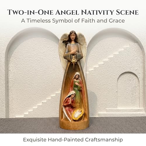 Hand-Painted Wooden Nativity Scene Figurine with Angel Table Decor