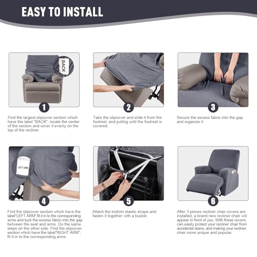 Stretch Recliner Chair Cover - 3-Piece Jacquard Slipcover with Pocket