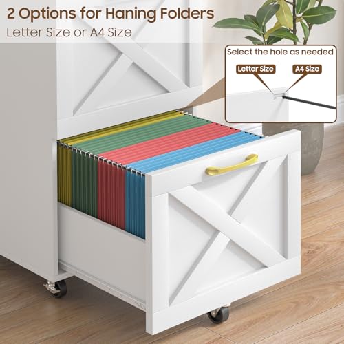 2-Drawer Rolling File Cabinet, Farmhouse Under Desk Printer Stand - White