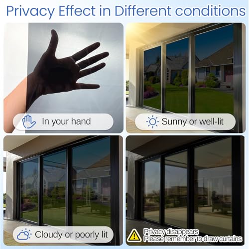 One Way Window Privacy Film - Black 17.5" x 78.7" - Heat Blocking, UV Protection, Static Cling