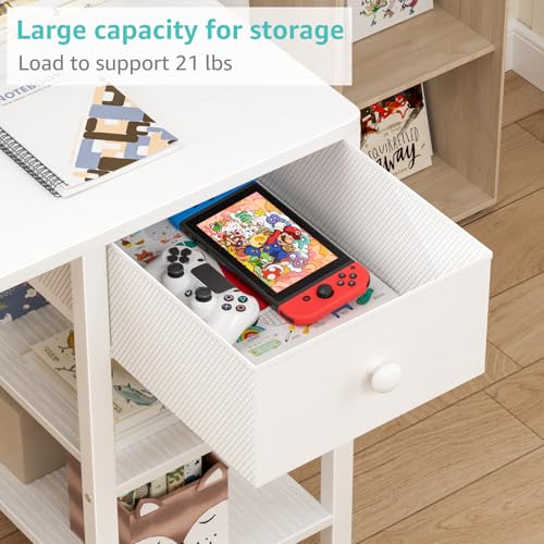 Kids Study Desk and Chair Set with Hutch, Storage Shelves and Fabric Drawer